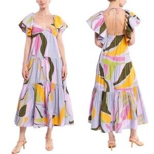NWT La Ligne Stella Tiered Ruffle Cotton Midi Dress Lavender Swirl Size Small